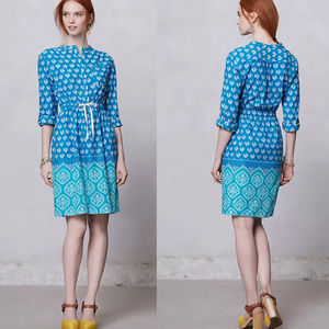 Anthropologie Meadow Rue Anila Shirtdress 4 Blue Teal Drawstring Waist Dress